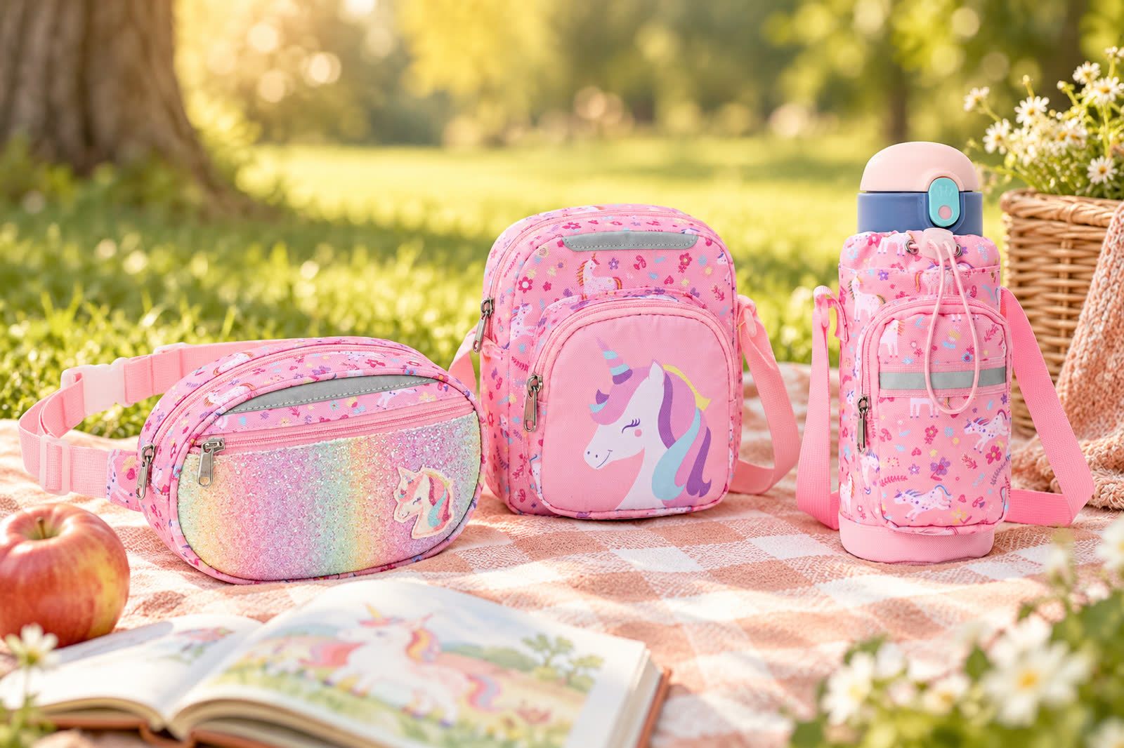 Park day scene with a belt bag, crossbody purse, and bottle carrier.