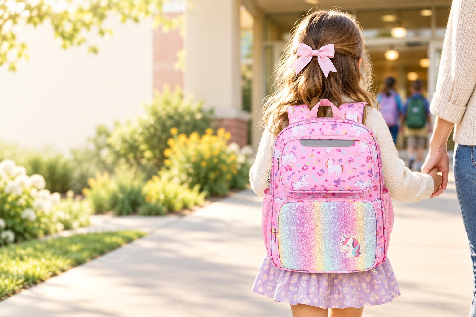 A child and parent walking to school with a BrainyBees backpack.